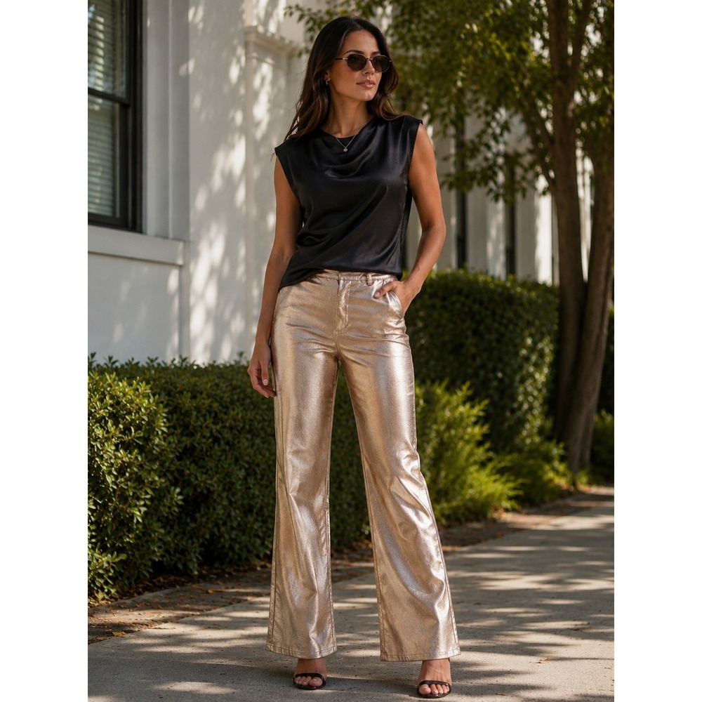 Elizabeth James Metallic Gold Pants Sz Small Retro Disco Luxe Wide Leg Y2K Party